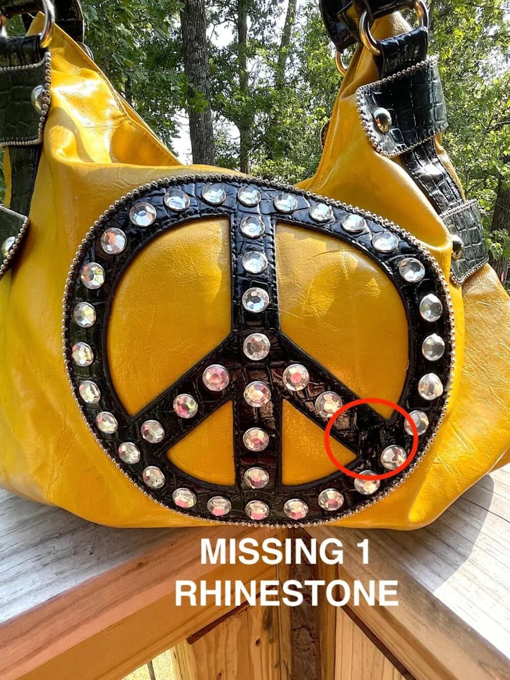 Y2K Boho Yellow Peace Sign Rhinestone Hobo Bag Festival Statement Purse